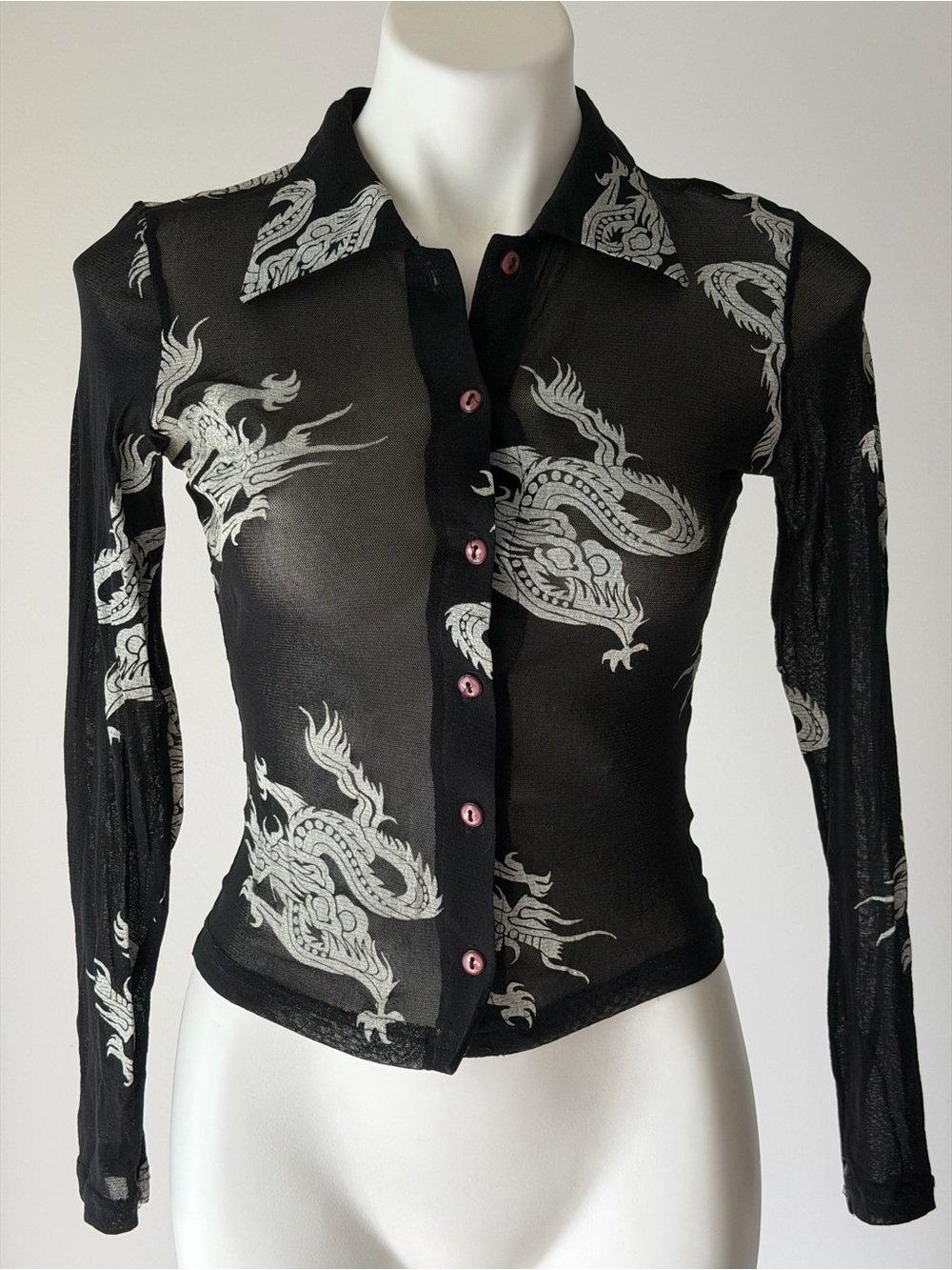 Black Dragon Print Sheer Button-Up Top